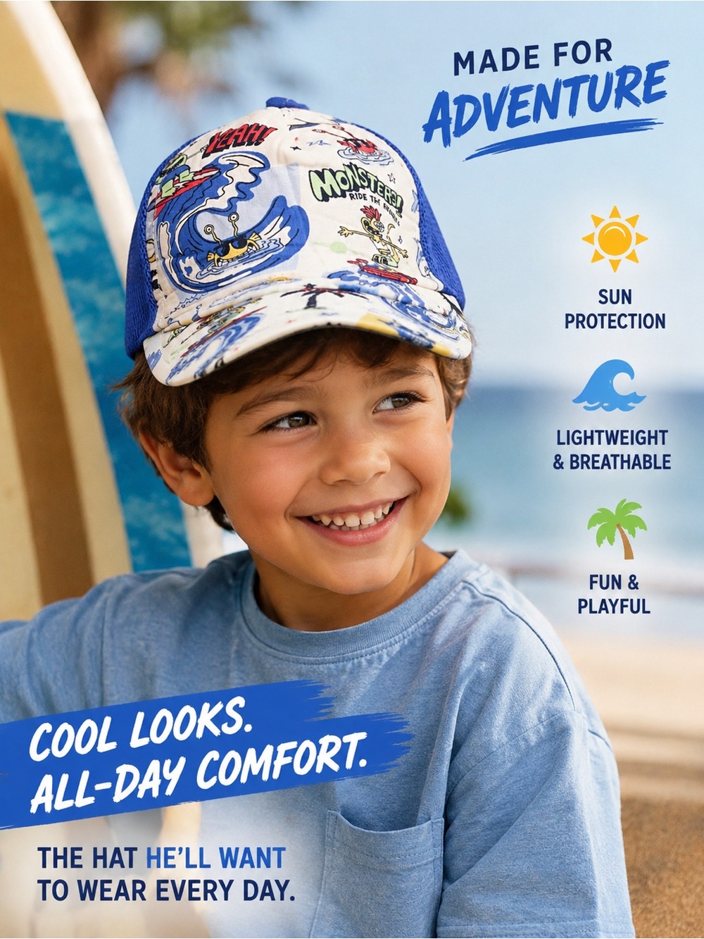 365 Kids by Garanimals Blue Surf Monster Trucker Hat Cap Boys One Size